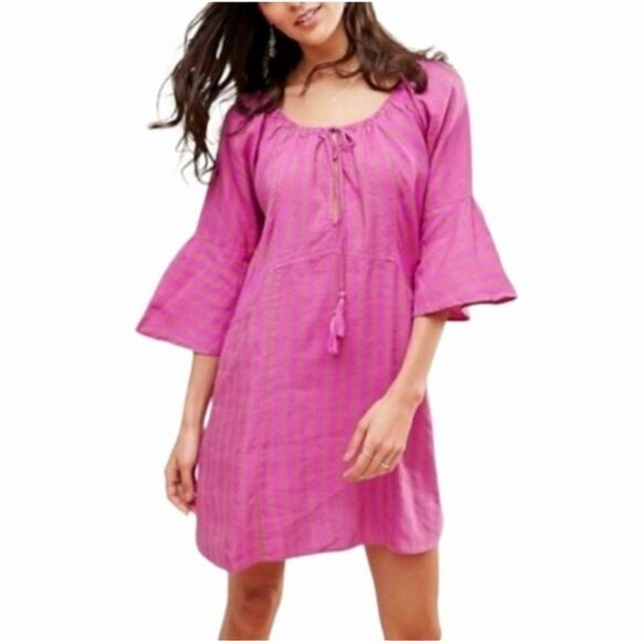 Free People Dress Womens Small Purple Folk Town Linen Blend Fuchsia Striped Mini - Picture 1 of 9